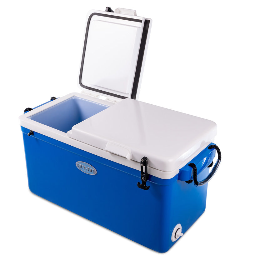 Icey-Tek 70 Litre Split Lid Long Cool Box Ocean Blue + White