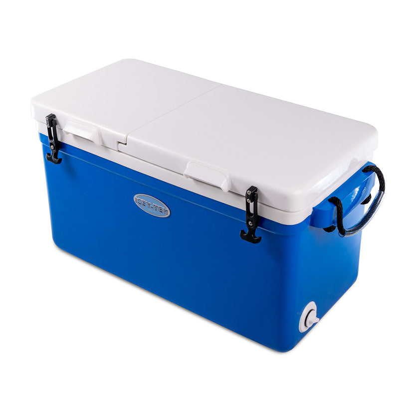 Icey-Tek 70 Litre Split Lid Long Cool Box Ocean Blue + White